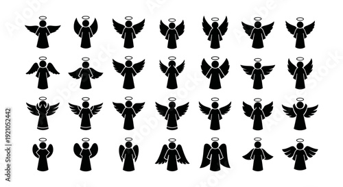 a diverse angel icon set featuring black silhouettes of spiritual figures with halos and various wing designs ideal for religious symbols christmas and graphic design projects.