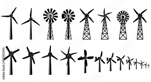 a diverse collection of wind turbines and windmills illustrating renewable energy sustainable power and green energy.