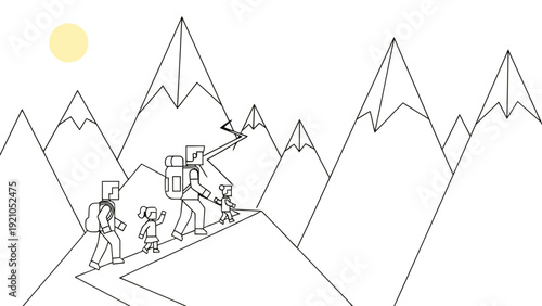 a family of four hiking up a winding mountain path under a bright sun minimalist line art illustrating outdoor adventure and family journey