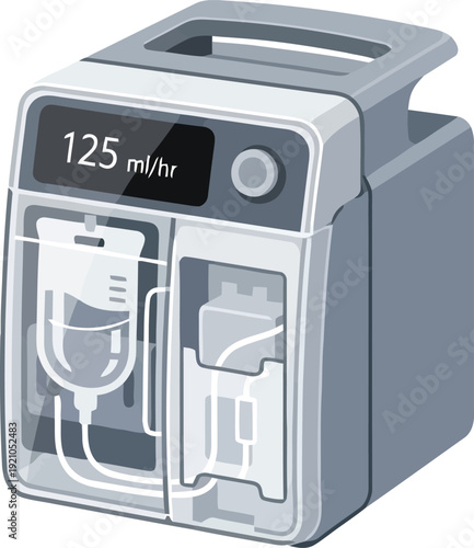 Modern medical infusion pump device for intravenous fluid therapy with digital display on clean background vector