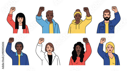 Group of diverse people raising their fists as a symbol of unity, protest, and the fight for social justice and equality.