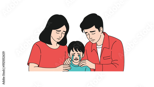 Compassionate parents hugging and comforting their crying young son to provide emotional support and security.