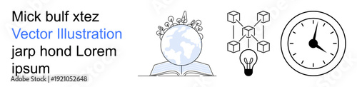 Education, blockchain technology, global ideas, innovation, time management, digital transformation. Globe with book, blockchain diagram with light bulb clock graphic. Education and blockchain