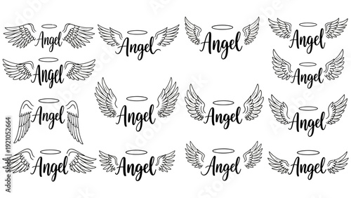 angel wings and halo designs with the word angel in various script fonts symbolizing divine spirituality perfect for graphic resources and remembrance.