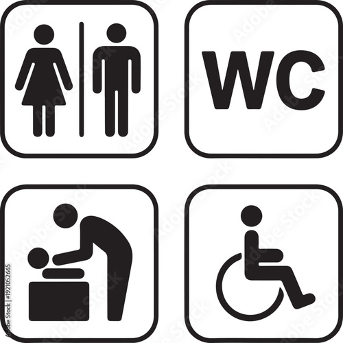 WC signs set. Man, woman, mother with baby and handicapped silhouettes isolated on white background. Male and female toilet door icons. Lady and gentleman restroom symbol. Cast logo concepts. Vector