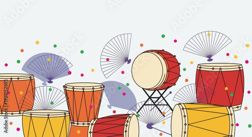 Colorful Drums and Fans Musical Instruments.