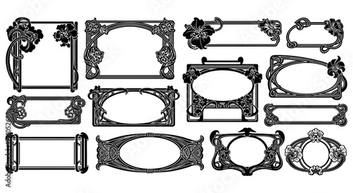 art nouveau decorative frames and borders set intricate floral designs and elegant organic lines for vintage graphic design projects.