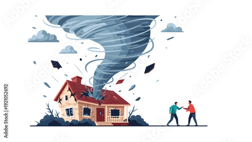 Powerful tornado destroying a residential house while people run for safety during an extreme weather disaster event.