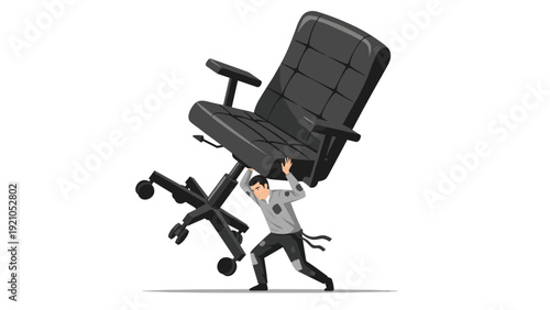 Overworked employee struggling to carry a massive office chair on his back representing heavy work burden and stress.