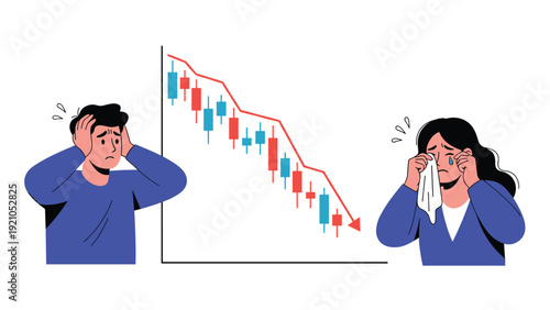 Desperate investors crying in front of a falling stock market chart representing significant financial loss and crash.