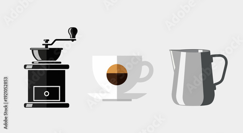 Coffee Grinder, Coffee Cup, Milk Pitcher.
