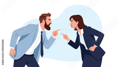 Angry business colleagues shouting and pointing fingers at each other during a heated workplace argument or conflict.