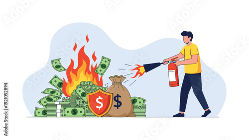 Proactive man using a fire extinguisher to save a large pile of money and a cash bag from burning in a dangerous fire.