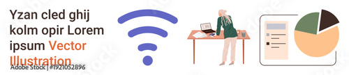 Wireless communication, business analysis, data visualization, corporate work, online productivity, connectivity. wireless symbol, woman at desk with laptop pie chart and bars. Wireless