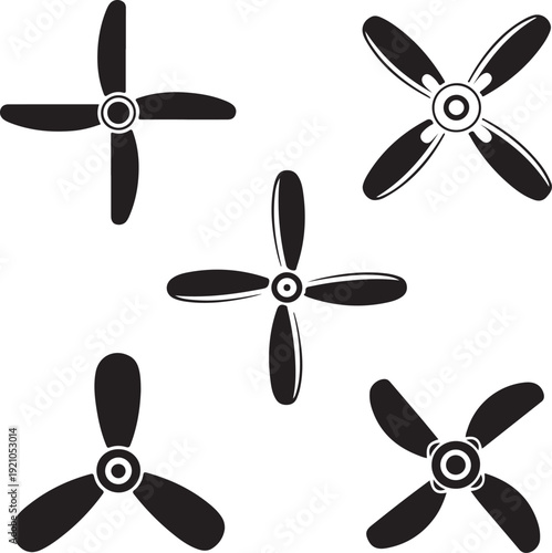 Wind turbine, propeller icon set, black isolated on white background, vector illustration