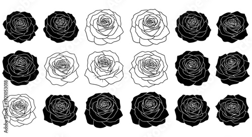 black and white rose illustrations featuring intricate floral outlines and solid silhouettes perfect for elegant graphic design projects tattoo art and decorative patterns.
