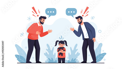 Sad little girl crying and holding her teddy bear while her parents have a loud and angry argument in the background.