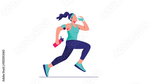 Active sporty woman running and drinking water from a glass to stay hydrated during her outdoor fitness workout.