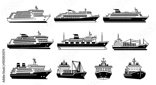 black and white vector icons of diverse ships perfect for global maritime logistics and transport design projects.