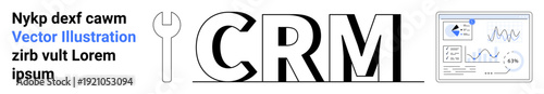 Business management, customer relation optimization, workflow tools, data visualization, analytics, technology integration. CRM text with wrench icon and analytics dashboard. Business management