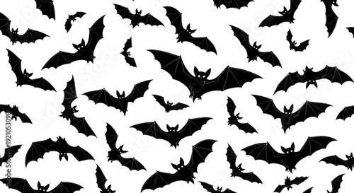 black bat halloween pattern a seamless design with bats flying against a white background ideal for spooky textile prints and festive decorations.
