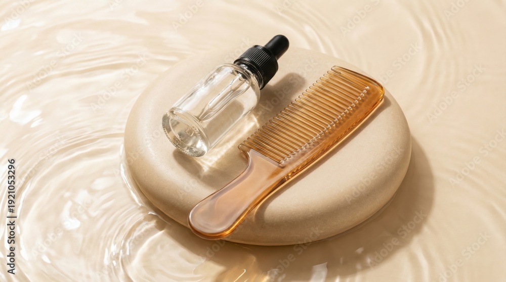 Naklejka premium Hair oil serum bottle and comb mockup on stone in water