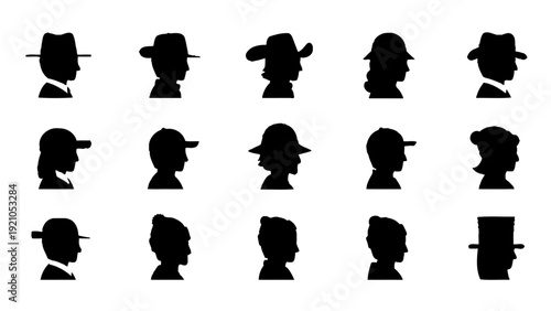 black profile silhouettes of diverse people wearing various hats and caps symbolizing individuality anonymous characters fashion identity.