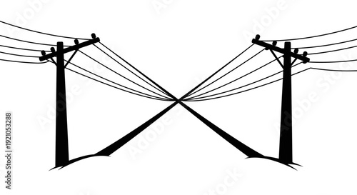 black power poles with lines forming an x graphic symbolizing electrical infrastructure communication and network connectivity.