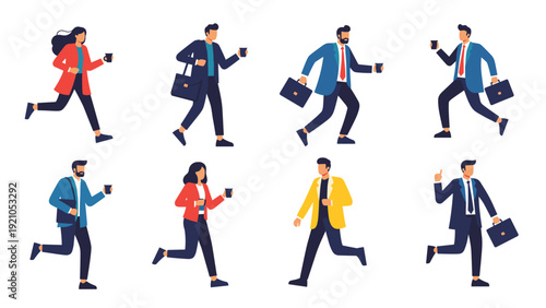 Group of diverse busy professionals running to work with coffee cups and briefcases in a fast-paced urban morning.
