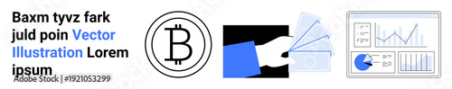 Bitcoin symbol, hand with virtual money, financial documents, and analytics dashboard. Ideal for cryptocurrency, blockchain, fintech, data analysis, investment digital economy simple landing page