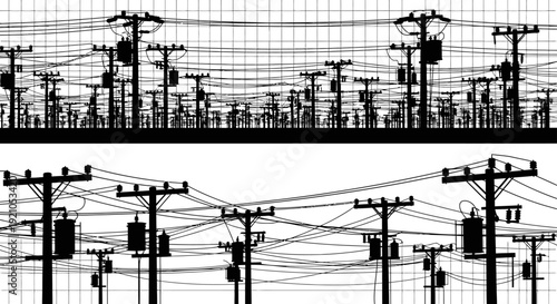 black silhouette vector illustration of utility poles with tangled power lines depicting city electricity grid infrastructure.