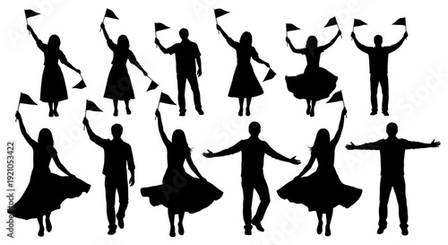 black silhouettes of diverse people celebrating with flags dancing and open arms illustrating unity joy and freedom at public events.