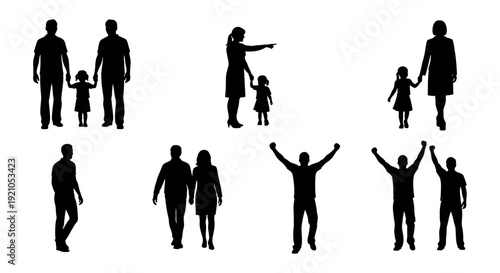 black silhouettes of diverse family units including same-sex parents with child couples and celebrating individuals on white
