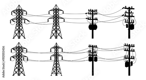 black silhouettes of electricity pylons and utility poles with power lines depicting essential energy transmission and distribution systems.