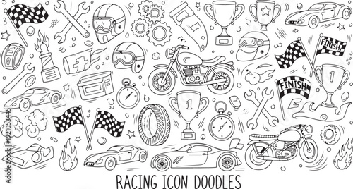 A collection of racing-themed icon doodles featuring cars, trophies, and checkered flags. Vector