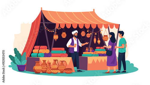 Traditional street market stall selling colorful textiles and handmade pottery jars to a local couple in an old town.