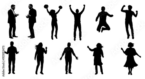 black silhouettes of people in action jumping cheering talking gesturing symbolizing success happiness group interaction.