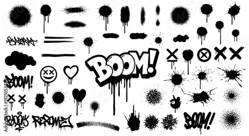 black spray paint graffiti elements collection with ink splatters dripping symbols and grunge textures ideal for urban design projects
