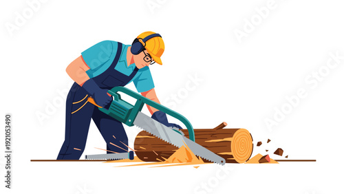 Professional lumberjack in protective gear using a powerful chainsaw to cut a large wooden log in a dense forest.