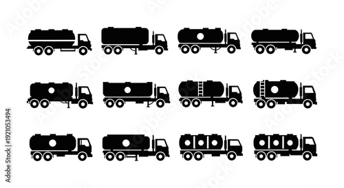 black tanker truck silhouettes diverse liquid fuel transport vehicle designs for logistics industry icon graphic resources.