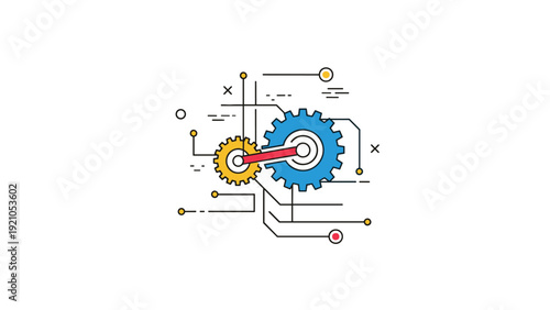 Abstract technical illustration of colorful gears and circuit lines representing engineering and mechanical systems.