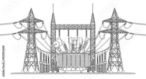 blueprint drawing of an electrical substation high-voltage power transmission towers and transformer illustrating power grid system.