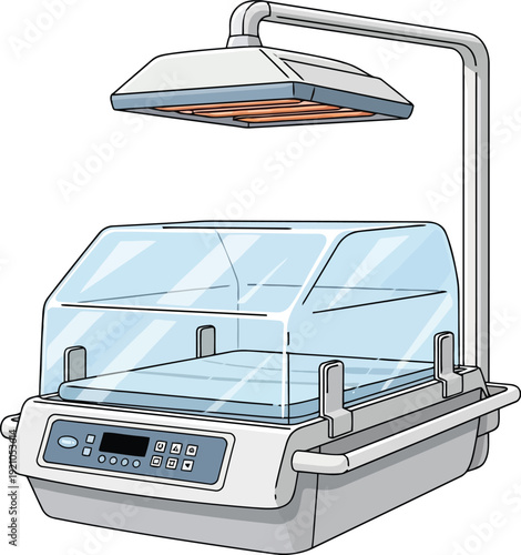 Medical neonatal incubator equipment with heating lamp for newborn care and intensive treatment vector