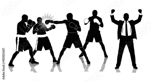 boxing match action with punch impact and a victorious businessman celebrating triumph symbolizing competitive challenge and success.