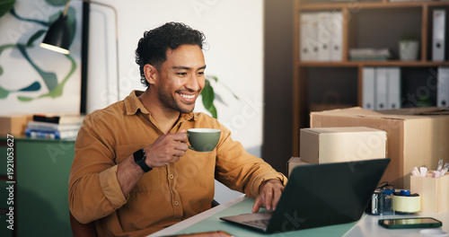 Photos Coffee, ecommerce or entrepreneur with laptop in office, check order status or courier site for tracking