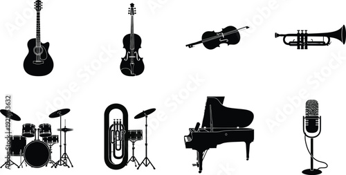 Collection of musical instrument icons silhouette vector graphics for music concepts isolated on white background