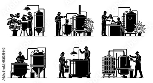 brewery workers engaged in the detailed stages of craft beverage production diligently mixing fermenting and bottling in a modern industrial setting.