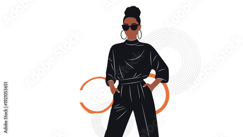 Fashionable black woman wearing a stylish black jumpsuit and sunglasses posing confidently against an abstract circular background pattern.