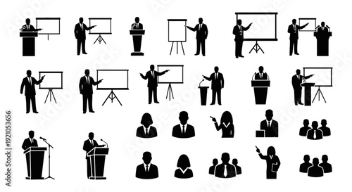 business presentation icons portraying speakers presenters and business people excellent for public speaking and corporate training visuals.