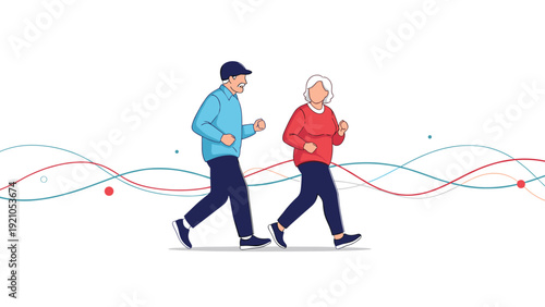 Active senior man and woman enjoying a healthy lifestyle by jogging together outdoors against a background of colorful wavy lines.